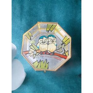 Vintage Stained Glass Brass Owls Jewelry Trinket Box Hexagon 4.5"